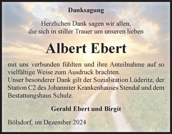 Traueranzeige von Albert Ebert von Volksstimme Altmark Ost