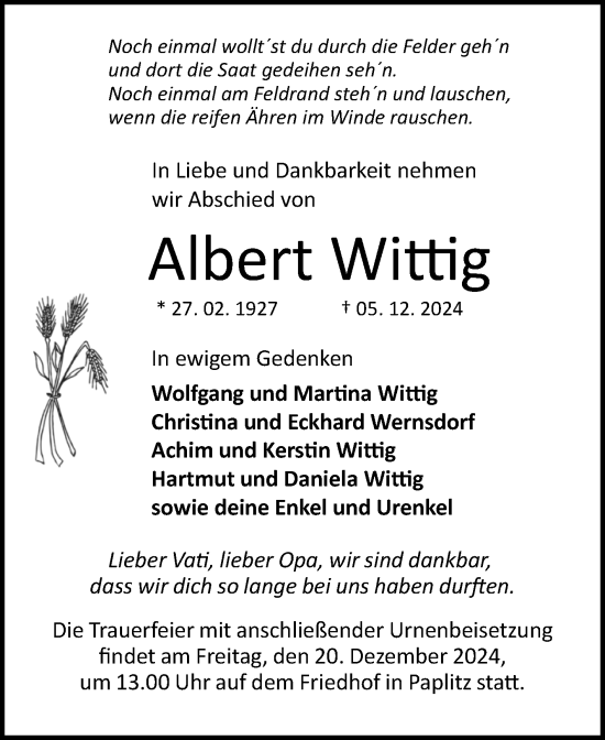 Traueranzeige von Albert Wittig von Volksstimme Burg/Genthin