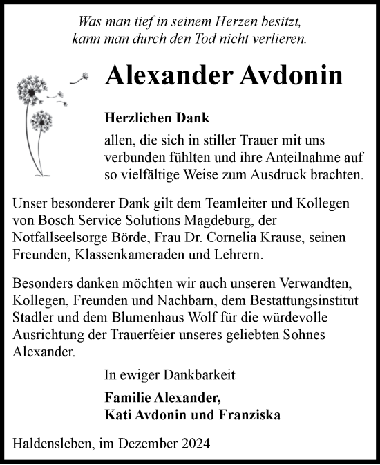 Traueranzeige von Alexander Avdonin von Volksstimme Haldensleben/Wolmirstedt