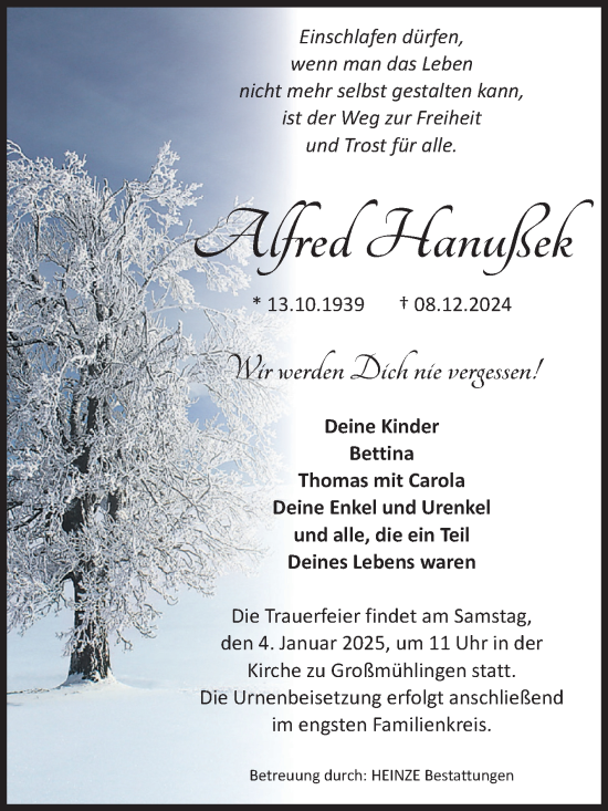 Traueranzeige von Alfred Hanußek von Volksstimme Schönebeck