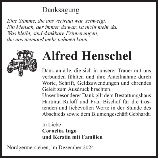Traueranzeige von Alfred Henschel von Volksstimme Haldensleben/Wolmirstedt