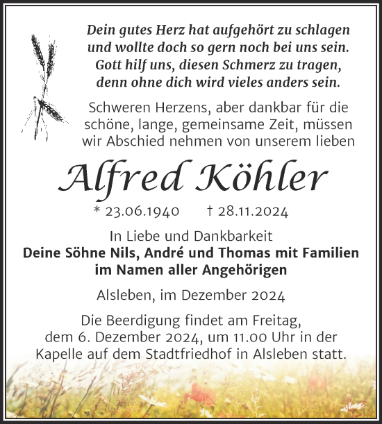 Traueranzeige von Alfred Köhler von Mitteldeutsche Zeitung Bernburg