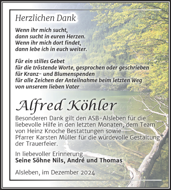 Traueranzeige von Alfred Köhler von Trauerkombi Bernburg