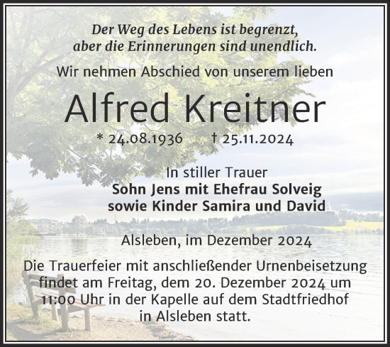 Traueranzeige von Alfred Kreitner von Trauerkombi Bernburg