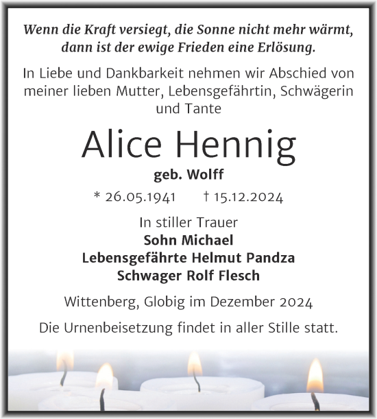 Traueranzeige von Alice Hennig von Trauerkombi Wittenberg