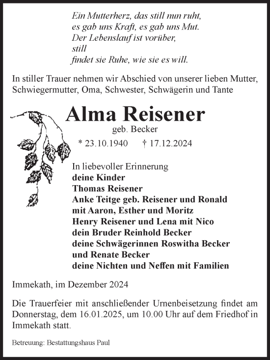 Traueranzeige von Alma Reisener von Volksstimme Altmark West