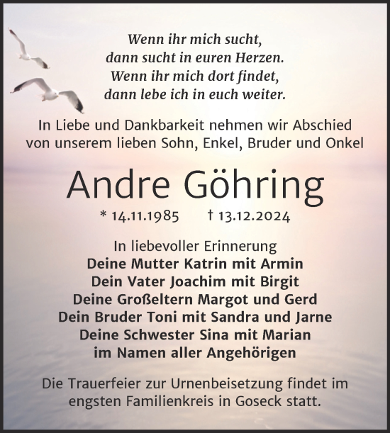 Traueranzeige von Andre Göhring von Trauerkombi Weißenfels