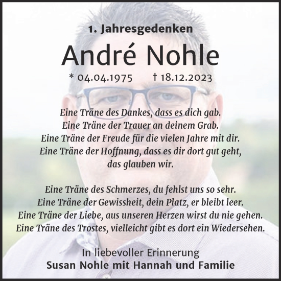 Traueranzeige von Andre Nohle von Trauerkombi Mansfelder Land