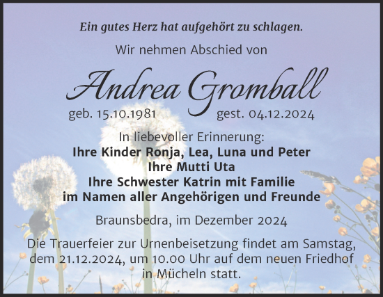 Traueranzeige von Andrea Gromball von Trauerkombi Merseburg