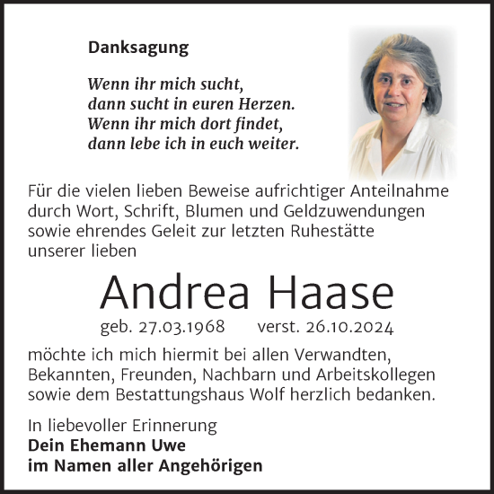 Traueranzeige von Andrea Haase von Trauerkombi Weißenfels