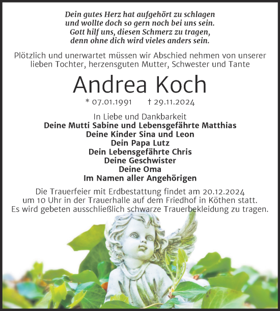 Traueranzeige von Andrea Koch von Trauerkombi Köthen