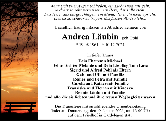 Traueranzeige von Andrea Läubin von Volksstimme Altmark West