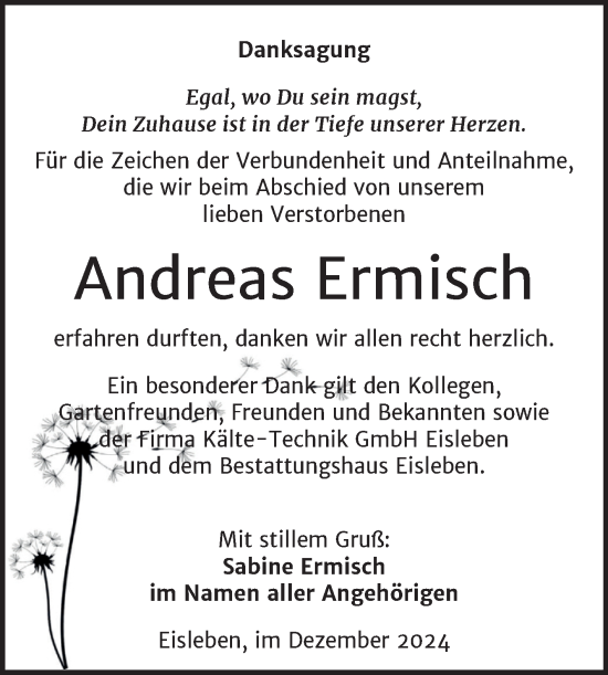 Traueranzeige von Andreas Ermisch von Trauerkombi Mansfelder Land