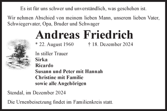Traueranzeige von Andreas Friedrich von Volksstimme Altmark Ost