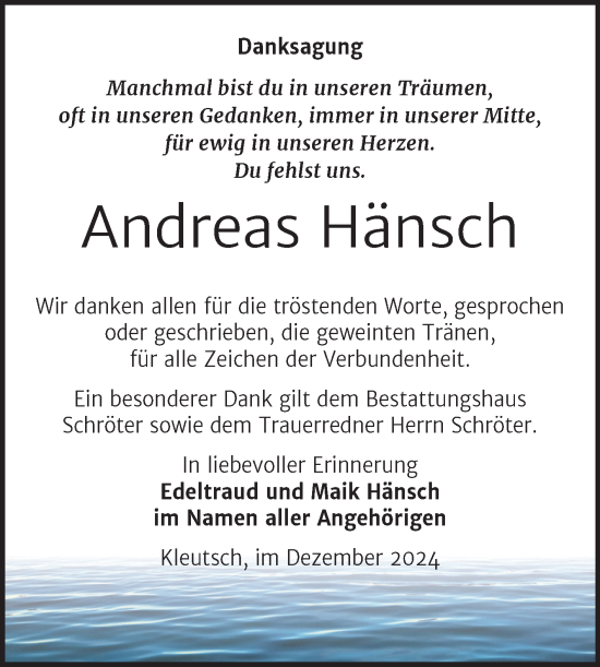Traueranzeige von Andreas Hänsch von Trauerkombi Bitterfeld