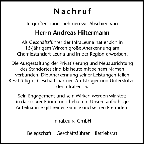 Traueranzeige von Andreas Hiltermann von Mitteldeutsche Zeitung Merseburg/Querfurt