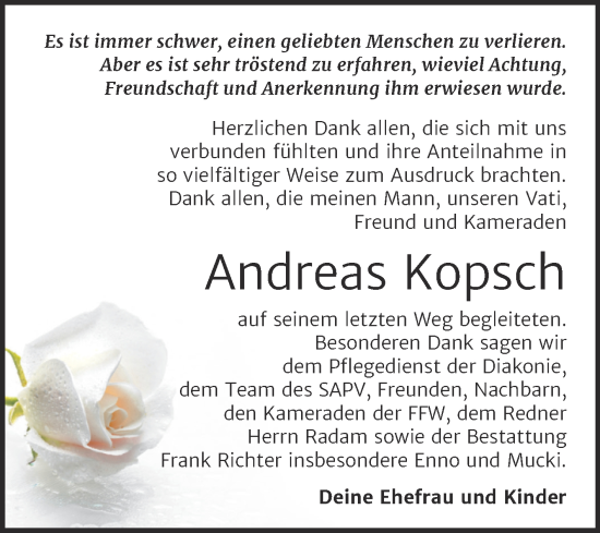 Traueranzeige von Andreas Kopsch von Trauerkombi Sangerhausen