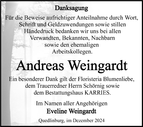 Traueranzeige von Andreas Weingardt von Trauerkombi Quedlinburg