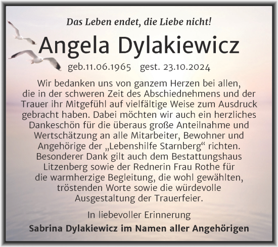 Traueranzeige von Angela Dylakiewicz von Trauerkombi Mansfelder Land