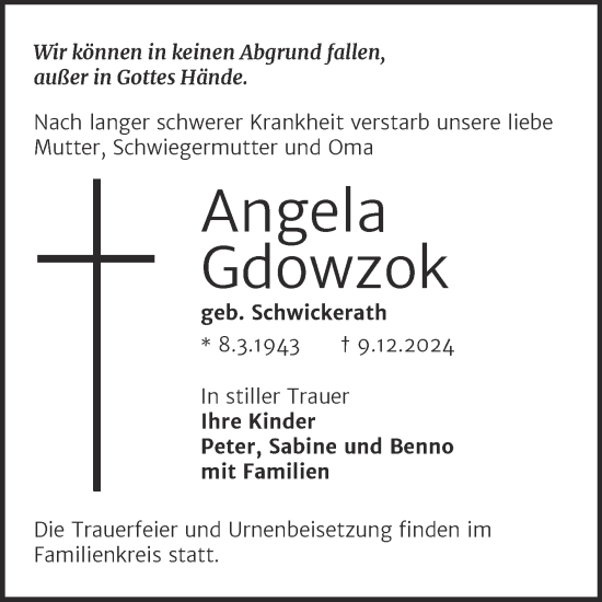 Traueranzeige von Angela Gdowzok von Trauerkombi Köthen