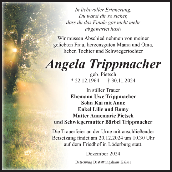 Traueranzeige von Angela Trippmacher von Volksstimme Staßfurt