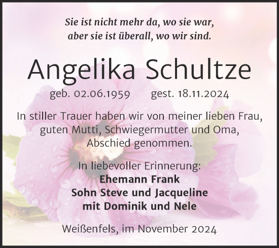 Traueranzeige von Angelika Schultze von Trauerkombi Weißenfels