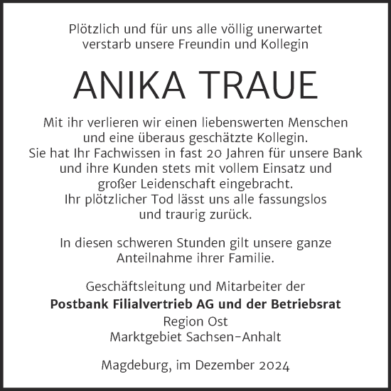 Traueranzeige von Anika Traue von Mitteldeutsche Zeitung Weißenfels