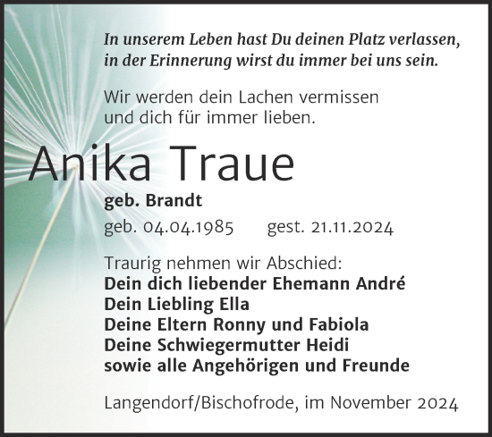 Traueranzeige von Anika Traue von Trauerkombi Mansfelder Land
