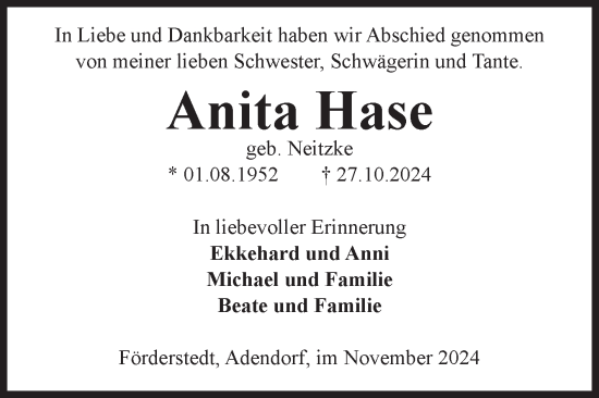 Traueranzeige von Anita Hase von Volksstimme Staßfurt