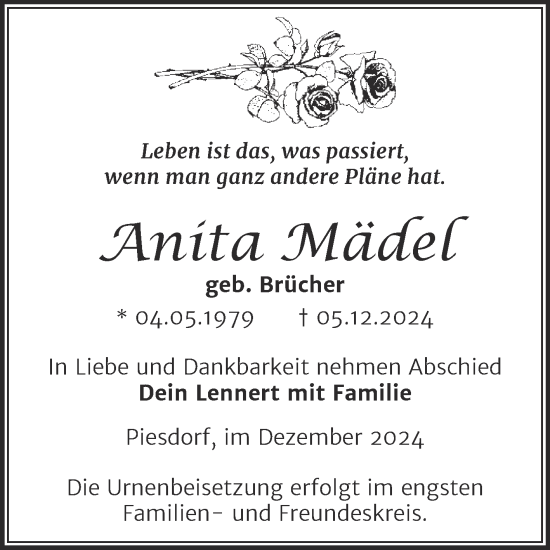 Traueranzeige von Anita Mädel von Mitteldeutsche Zeitung Bernburg