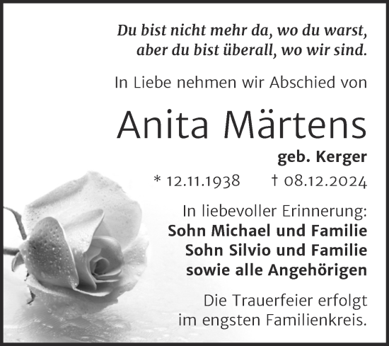 Traueranzeige von Anita Märtens von Trauerkombi Aschersleben
