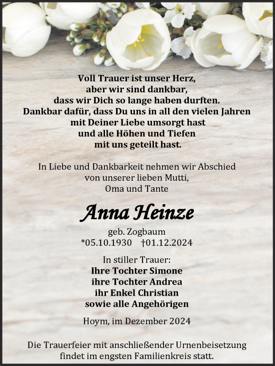 Traueranzeige von Anna Heinze von Trauerkombi Aschersleben