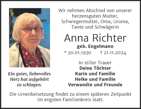 Traueranzeige von Anna Richter 