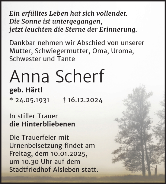 Traueranzeige von Anna Scherf von Trauerkombi Bernburg