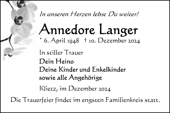 Traueranzeige von Annedore Langer von Volksstimme Altmark Ost