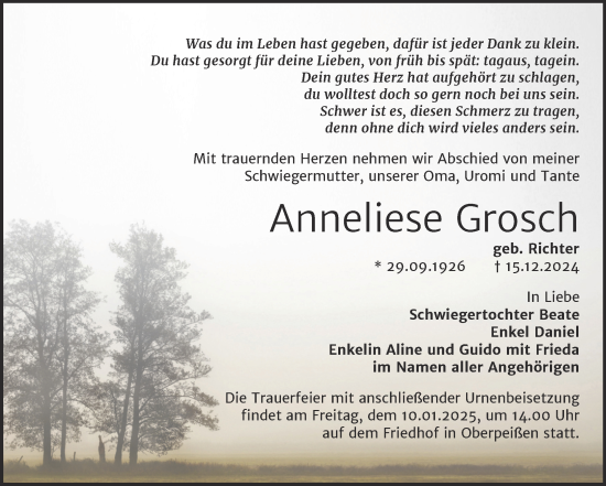 Traueranzeige von Anneliese Grosch von Trauerkombi Bernburg