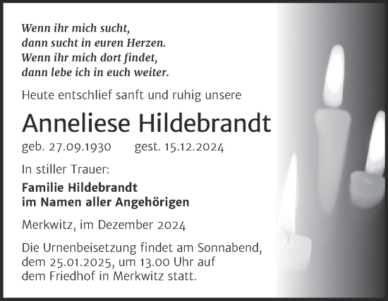 Traueranzeige von Anneliese Hildebrandt von Trauerkombi Wittenberg