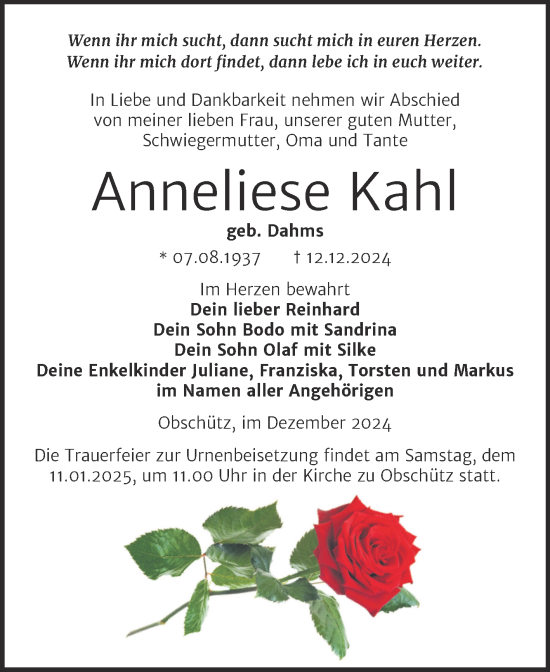 Traueranzeige von Anneliese Kahl von Trauerkombi Weißenfels
