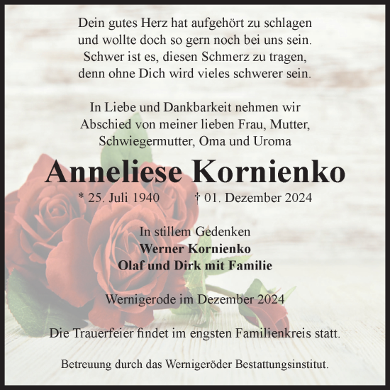 Traueranzeige von Anneliese Kornienko von Volksstimme Wernigerode