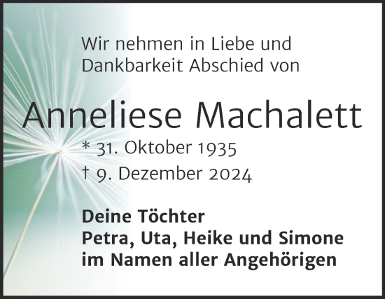 Traueranzeige von Anneliese Machalett von Trauerkombi Weißenfels