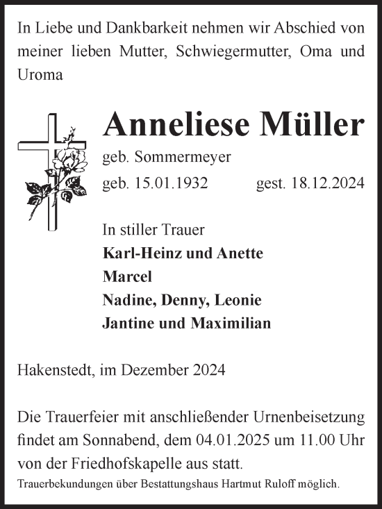 Traueranzeige von Anneliese Müller von Volksstimme Haldensleben/Wolmirstedt