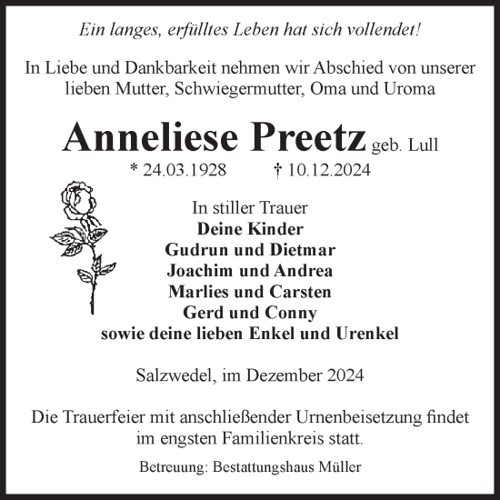 Traueranzeige von Anneliese Preetz von Volksstimme Altmark West