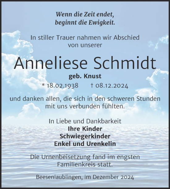 Traueranzeige von Anneliese Schmidt von Trauerkombi Bernburg
