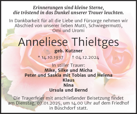 Traueranzeige von Anneliese Thieltges von Mitteldeutsche Zeitung Halle/Saalkreis