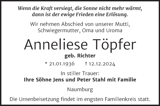 Traueranzeige von Anneliese Töpfer von Super Sonntag Naumburg/Nebra