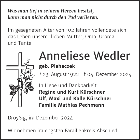 Traueranzeige von Anneliese Wedler von Trauerkombi Zeitz