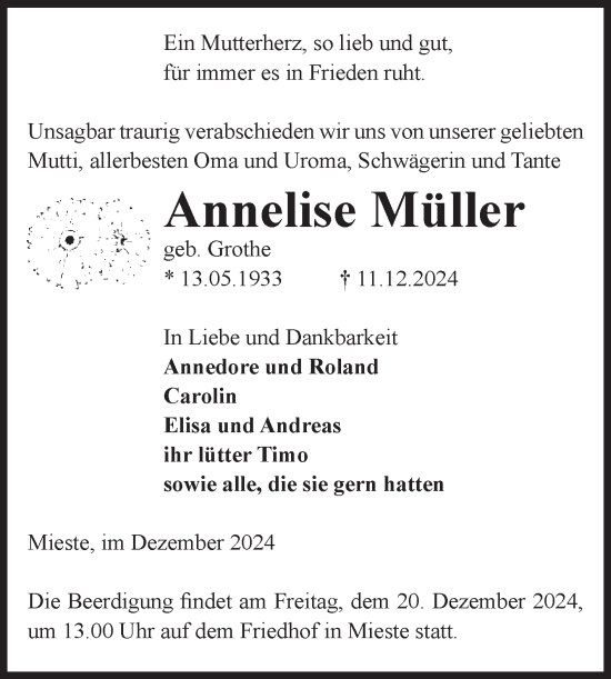 Traueranzeige von Annelise Müller von Volksstimme Altmark West