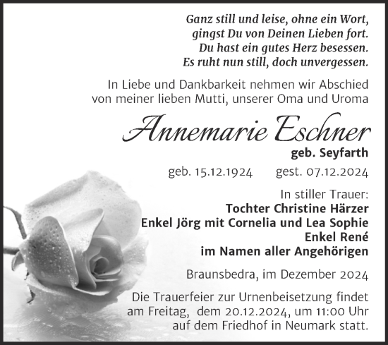 Traueranzeige von Annemarie Eschner von Trauerkombi Merseburg