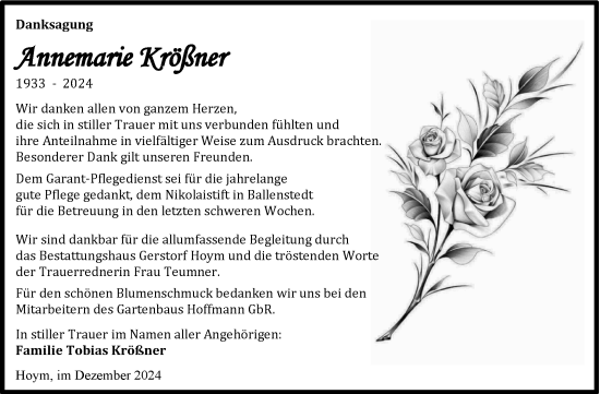 Traueranzeige von Annemarie Krößner von Trauerkombi Aschersleben