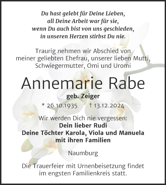 Traueranzeige von Annemarie Rabe von Super Sonntag Naumburg/Nebra